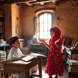 A delightful scene featuring a boy and a girl in a traditional, old schoolhouse in Arabia