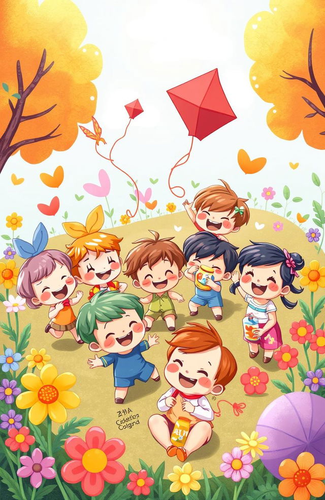 A cheerful scene depicting a group of small cartoon characters joyfully playing together in a vibrant, colorful environment