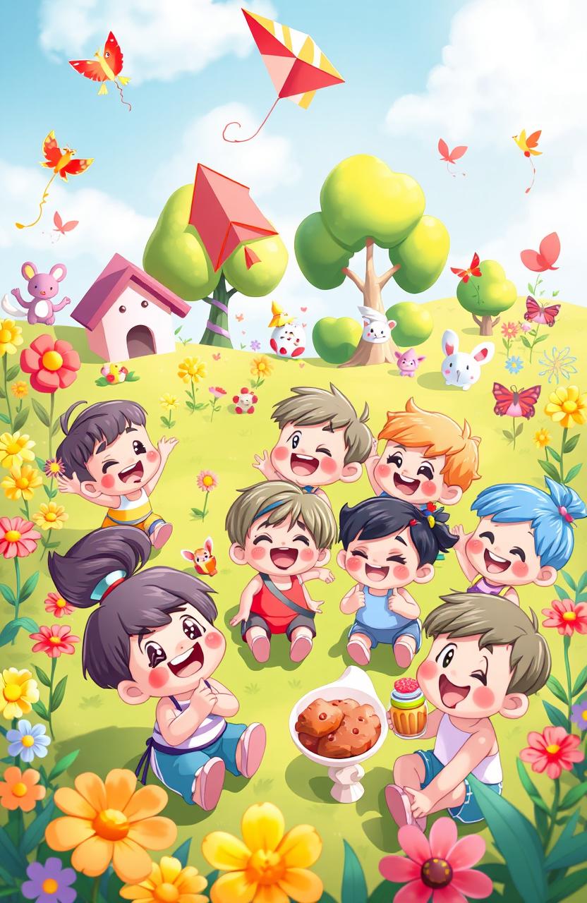 A cheerful scene depicting a group of small cartoon characters joyfully playing together in a vibrant, colorful environment