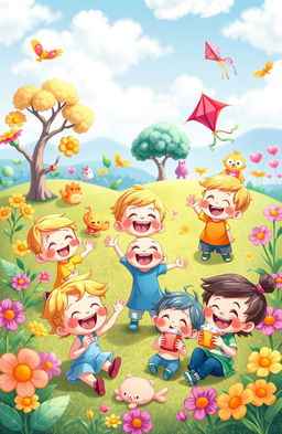 A cheerful scene depicting a group of small cartoon characters joyfully playing together in a vibrant, colorful environment
