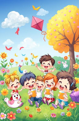A cheerful scene depicting a group of small cartoon characters joyfully playing together in a vibrant, colorful environment