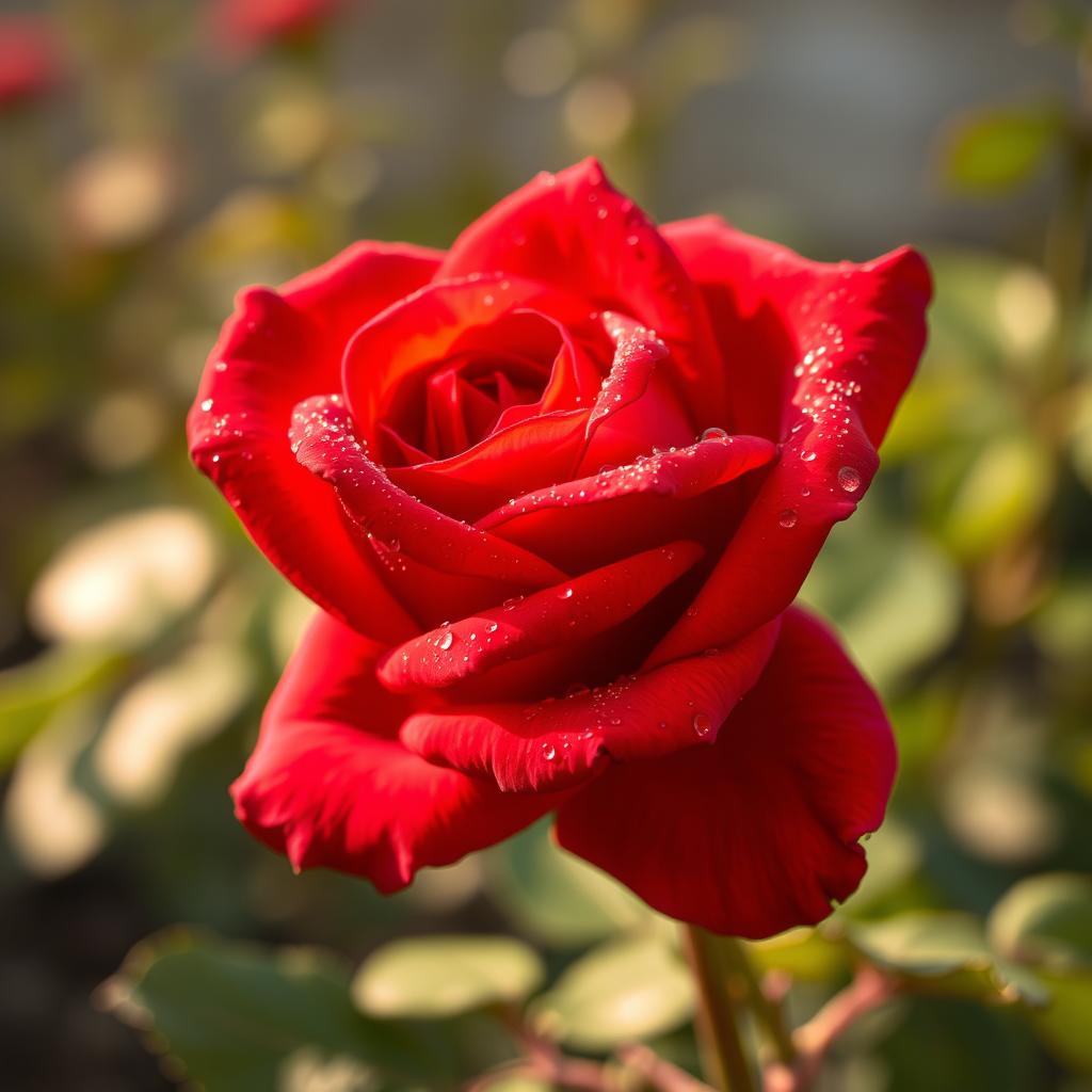 An intense red rose in full bloom, showcasing its vibrant petals and dew drops glistening on its surface