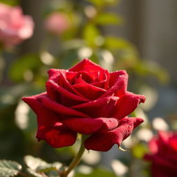 An intense red rose in full bloom, showcasing its vibrant petals and dew drops glistening on its surface