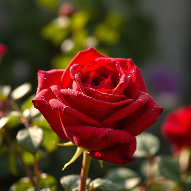 An intense red rose in full bloom, showcasing its vibrant petals and dew drops glistening on its surface