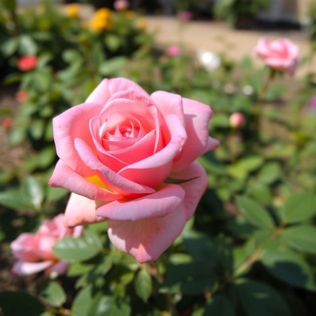 A beautiful pink rose in full bloom, showcasing delicate petals with soft gradients of pink and hints of orange, surrounded by lush green leaves and a softly blurred garden background, capturing the elegance and grace of the flower