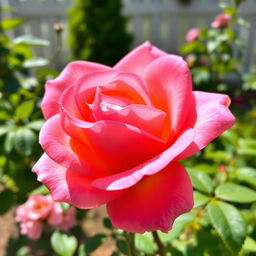 A beautiful pink rose in full bloom, showcasing delicate petals with soft gradients of pink and hints of orange, surrounded by lush green leaves and a softly blurred garden background, capturing the elegance and grace of the flower