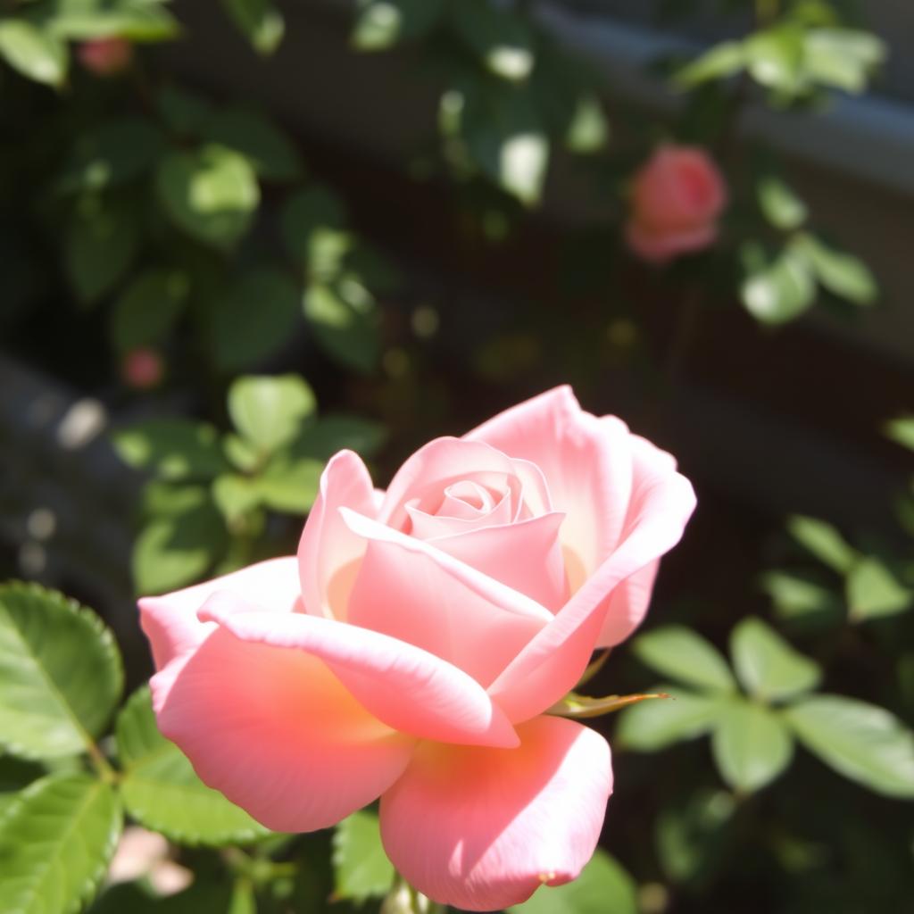 A beautiful pink rose in full bloom, showcasing delicate petals with soft gradients of pink and hints of orange, surrounded by lush green leaves and a softly blurred garden background, capturing the elegance and grace of the flower