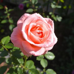A beautiful pink rose in full bloom, showcasing delicate petals with soft gradients of pink and hints of orange, surrounded by lush green leaves and a softly blurred garden background, capturing the elegance and grace of the flower
