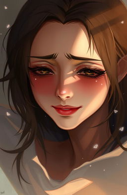 A digital painting of a female character deeply immersed in a myriad of emotions, showcasing a blend of pain, love, and affection