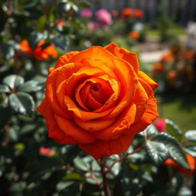 An intense orange rose in full bloom, vibrant and eye-catching with rich layers of deep orange petals, each petal glistening with dew drops, surrounded by dark green foliage that enhances the vividness of the flower