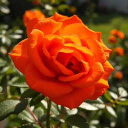 An intense orange rose in full bloom, vibrant and eye-catching with rich layers of deep orange petals, each petal glistening with dew drops, surrounded by dark green foliage that enhances the vividness of the flower