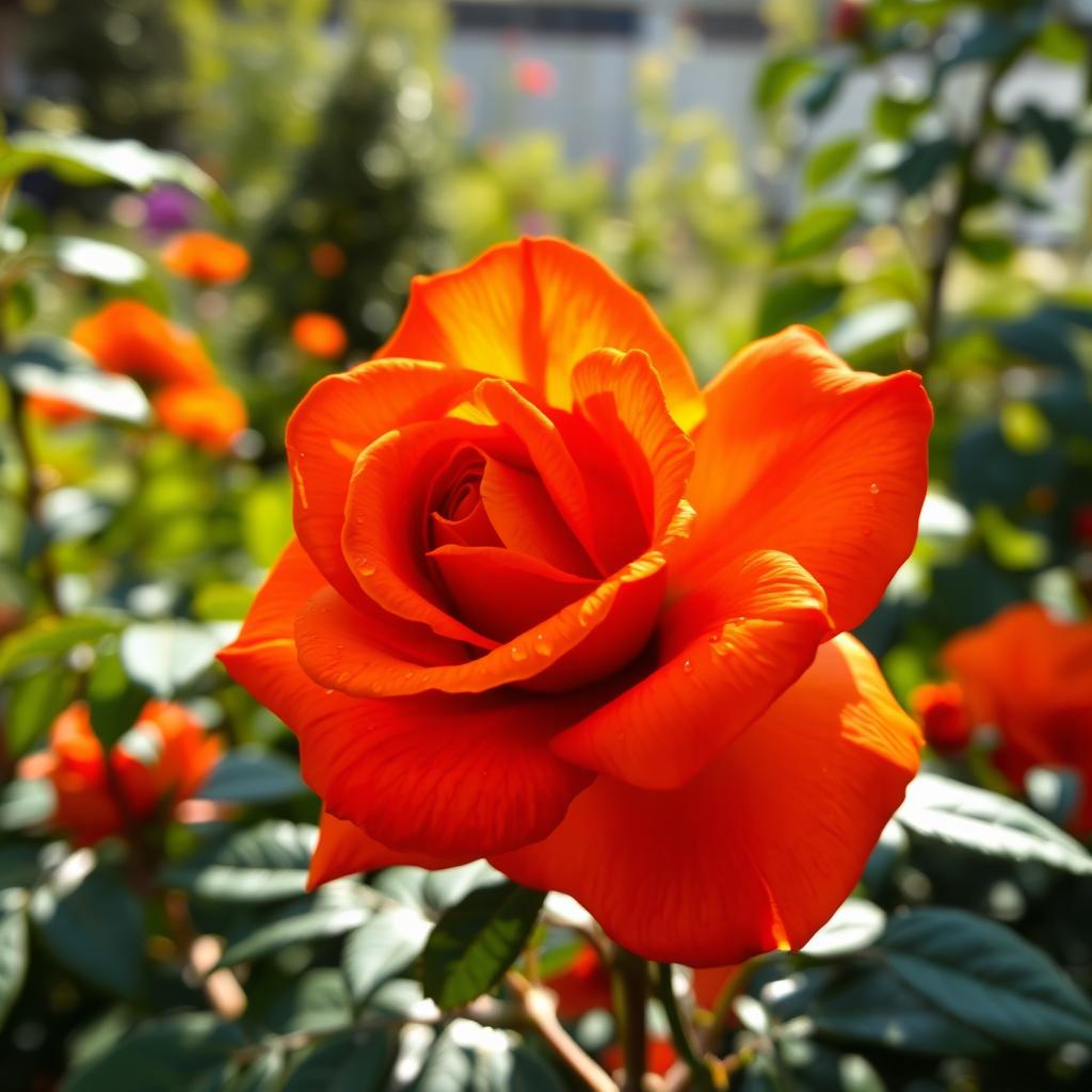 An intense orange rose in full bloom, vibrant and eye-catching with rich layers of deep orange petals, each petal glistening with dew drops, surrounded by dark green foliage that enhances the vividness of the flower