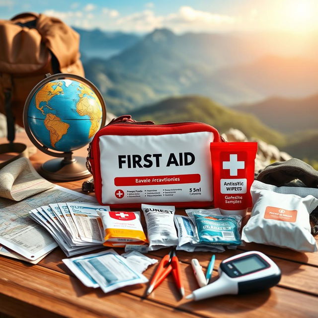 A picturesque travel scene depicting a beautifully organized travel kit containing essential first aid supplies