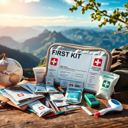 A picturesque travel scene depicting a beautifully organized travel kit containing essential first aid supplies