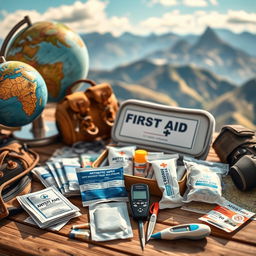 A picturesque travel scene depicting a beautifully organized travel kit containing essential first aid supplies