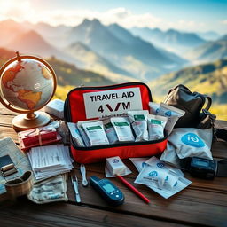 A picturesque travel scene depicting a beautifully organized travel kit containing essential first aid supplies