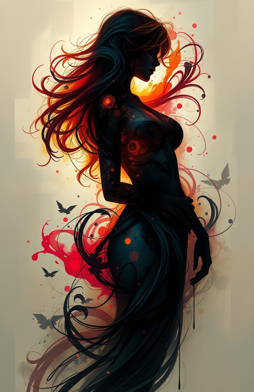 A captivating digital painting featuring an abstract representation of a female character embodying pain, love, and affection within her body