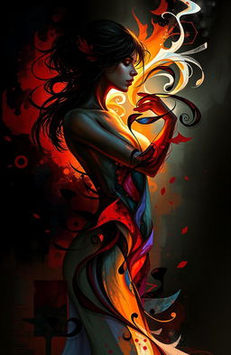 A captivating digital painting featuring an abstract representation of a female character embodying pain, love, and affection within her body