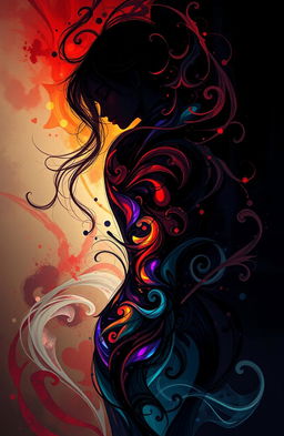 A captivating digital painting featuring an abstract representation of a female character embodying pain, love, and affection within her body