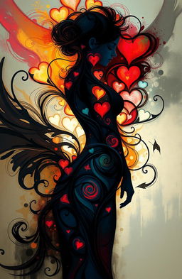 A captivating digital painting featuring an abstract representation of a female character embodying pain, love, and affection within her body