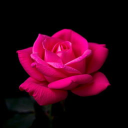 A vivid intense pink rose with detailed petals and a rich, deep, dark background, highlighting the beauty of the flower