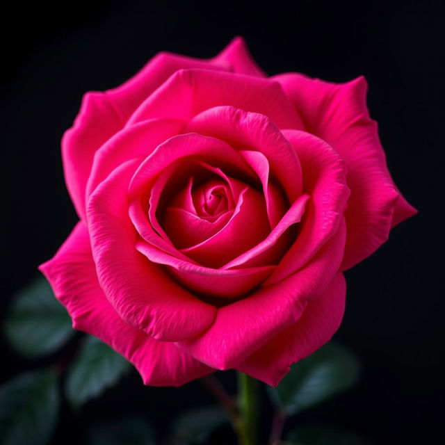 A vivid intense pink rose with detailed petals and a rich, deep, dark background, highlighting the beauty of the flower