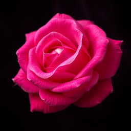 A vivid intense pink rose with detailed petals and a rich, deep, dark background, highlighting the beauty of the flower