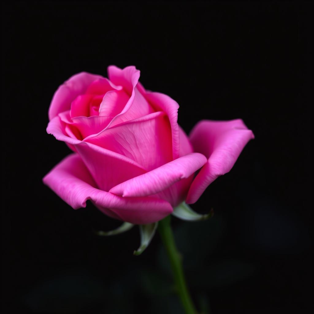 A vivid intense pink rose with detailed petals and a rich, deep, dark background, highlighting the beauty of the flower