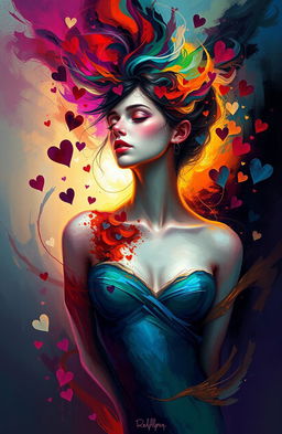 A digital painting that captures an abstract representation of a female character, embodying a blend of pain, love, and affection reflected in her internal world