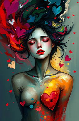 A digital painting that captures an abstract representation of a female character, embodying a blend of pain, love, and affection reflected in her internal world