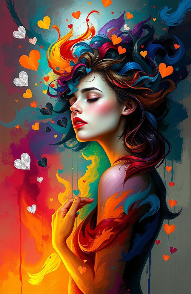 A digital painting that captures an abstract representation of a female character, embodying a blend of pain, love, and affection reflected in her internal world