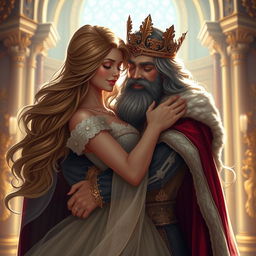 A beautiful, elegant princess with flowing long hair is wrapped in a warm embrace by a majestic king, both exuding a regal aura