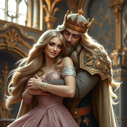 A beautiful, elegant princess with flowing long hair is wrapped in a warm embrace by a majestic king, both exuding a regal aura