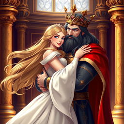 A beautiful, elegant princess with flowing long hair is wrapped in a warm embrace by a majestic king, both exuding a regal aura