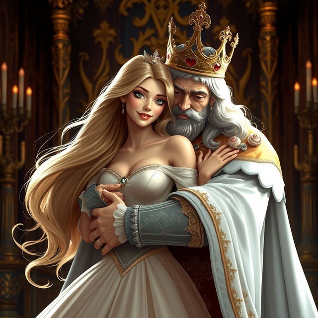 A beautiful, elegant princess with flowing long hair is wrapped in a warm embrace by a majestic king, both exuding a regal aura