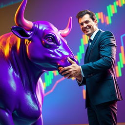 A vibrant scene depicting a purple bull shaking hands with a business man wearing a sharp suit