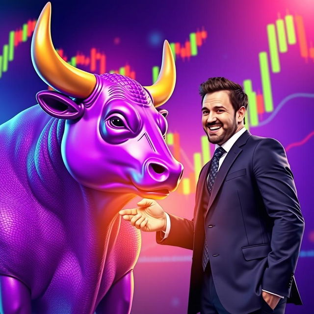 A vibrant scene depicting a purple bull shaking hands with a business man wearing a sharp suit