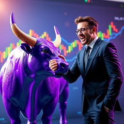 A vibrant scene depicting a purple bull shaking hands with a business man wearing a sharp suit