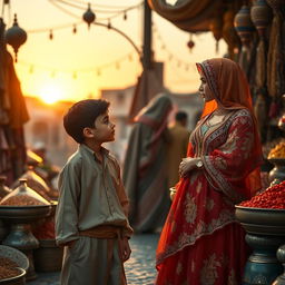 A heartfelt scene depicting a love story between a young impoverished Arab boy and a wealthy Arab girl, both teenagers