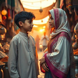 A heartfelt scene depicting a love story between a young impoverished Arab boy and a wealthy Arab girl, both teenagers
