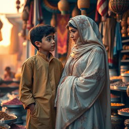 A heartfelt scene depicting a love story between a young impoverished Arab boy and a wealthy Arab girl, both teenagers
