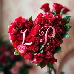A heart made entirely of vibrant red and pink roses, intricately formed with lush petals and green leaves, displaying the elegant letters 'L' and 'P' artistically intertwined within the rose arrangement