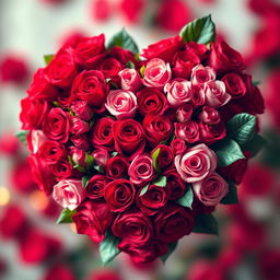 A heart made entirely of vibrant red and pink roses, intricately formed with lush petals and green leaves, displaying the elegant letters 'L' and 'P' artistically intertwined within the rose arrangement