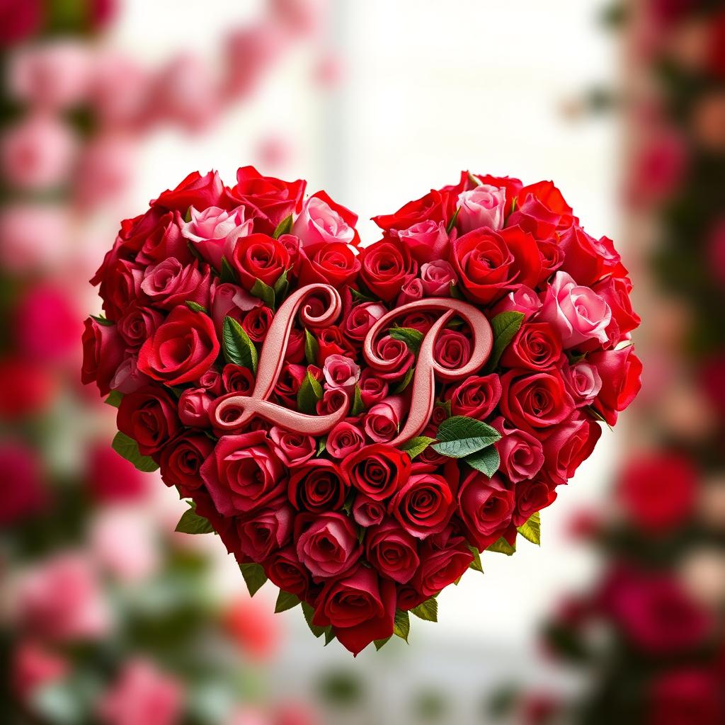 A heart made entirely of vibrant red and pink roses, intricately formed with lush petals and green leaves, displaying the elegant letters 'L' and 'P' artistically intertwined within the rose arrangement
