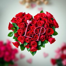 A heart made entirely of vibrant red and pink roses, intricately formed with lush petals and green leaves, displaying the elegant letters 'L' and 'P' artistically intertwined within the rose arrangement