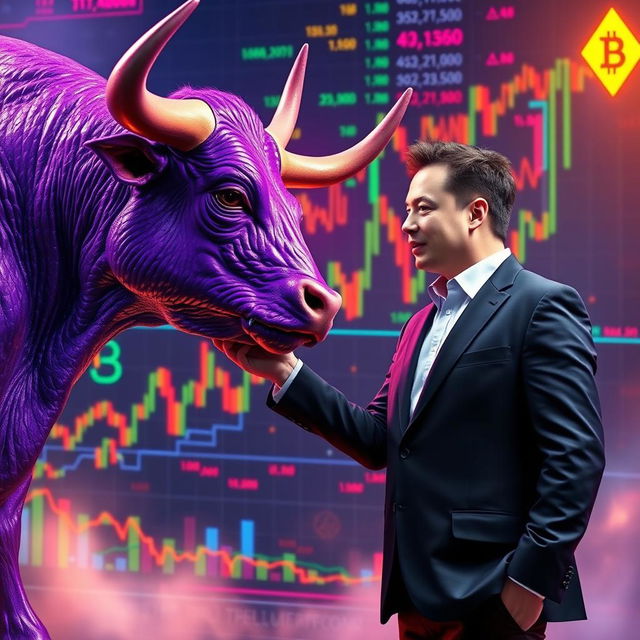 A surreal scene depicting a purple bull extending its hoof for a handshake with Elon Musk, the CEO of Tesla and SpaceX