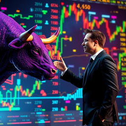 A surreal scene depicting a purple bull extending its hoof for a handshake with Elon Musk, the CEO of Tesla and SpaceX