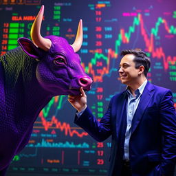 A surreal scene depicting a purple bull extending its hoof for a handshake with Elon Musk, the CEO of Tesla and SpaceX
