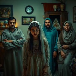 A dramatic scene depicting the struggle of a young Arab girl in love, as her family stands firmly against her desire to marry