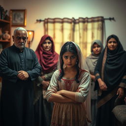 A dramatic scene depicting the struggle of a young Arab girl in love, as her family stands firmly against her desire to marry